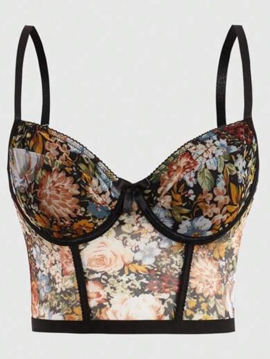 ROMWE Tops - ROMWE Fairycore Floral Mesh Corset Bustier Crop Top Boned Underwire Whimsigoth M